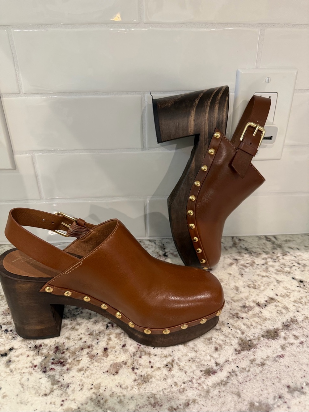 Matisse Cognac Brown Leather Studded Slingback Clogs